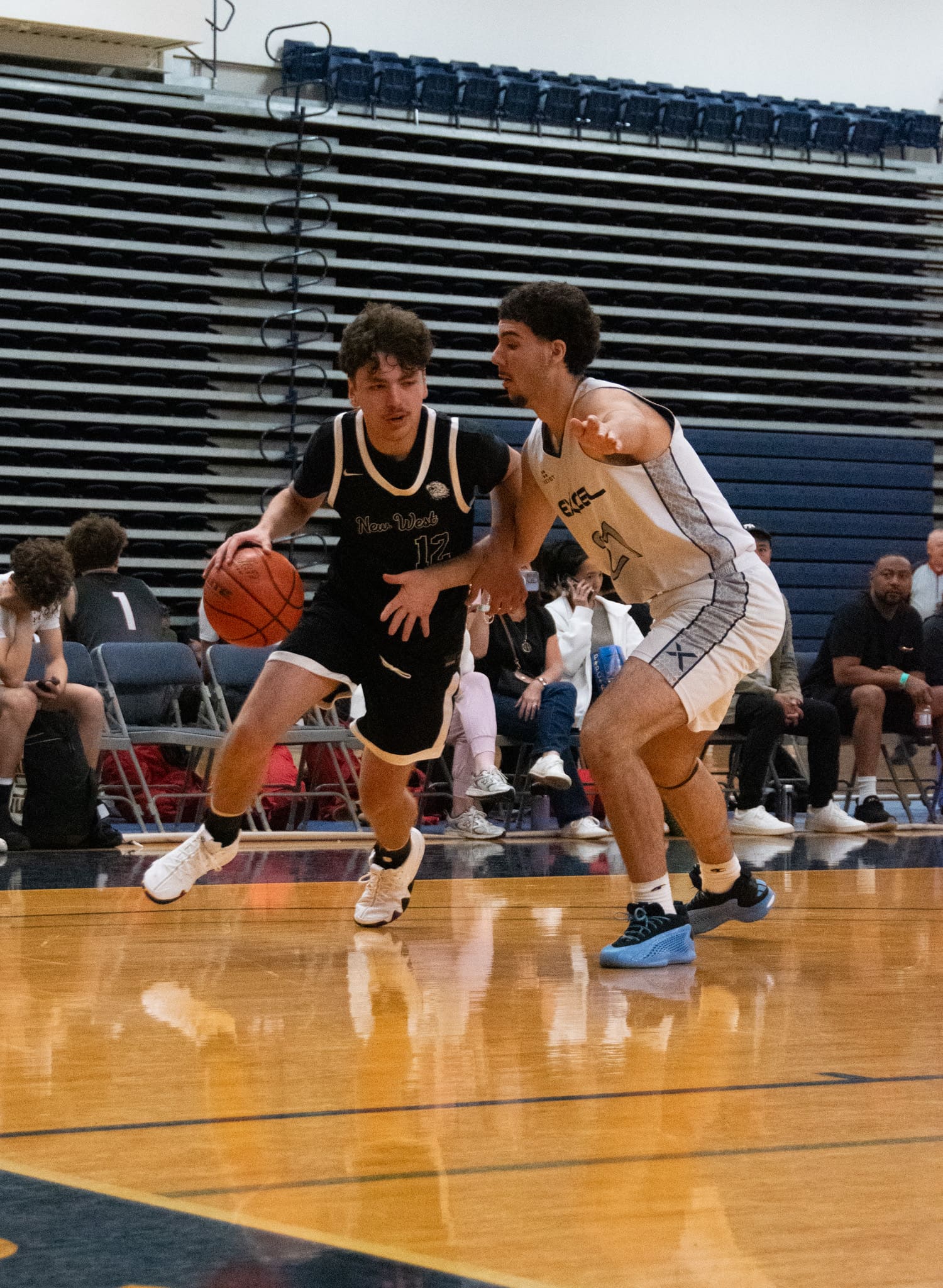 An Eagles player driving past a defender during a game